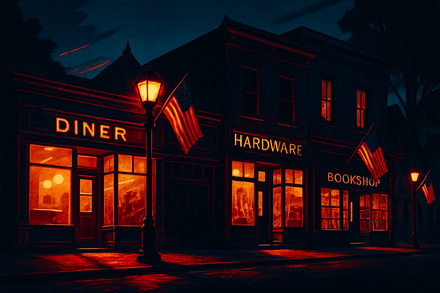 A New Hampshire Main Street of small-business storefronts at dusk
