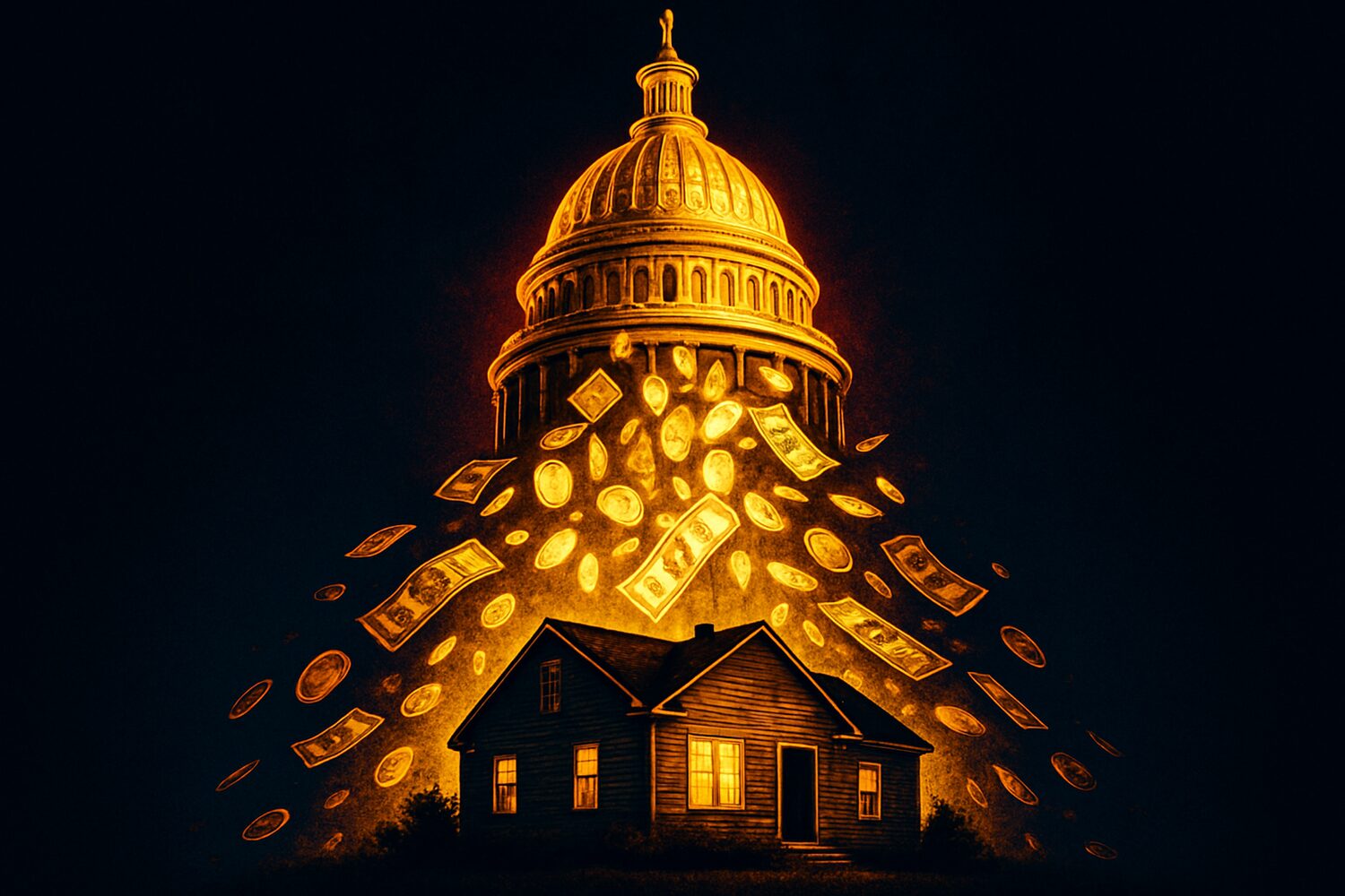 Money flowing from the state capitol dome down onto a New Hampshire home