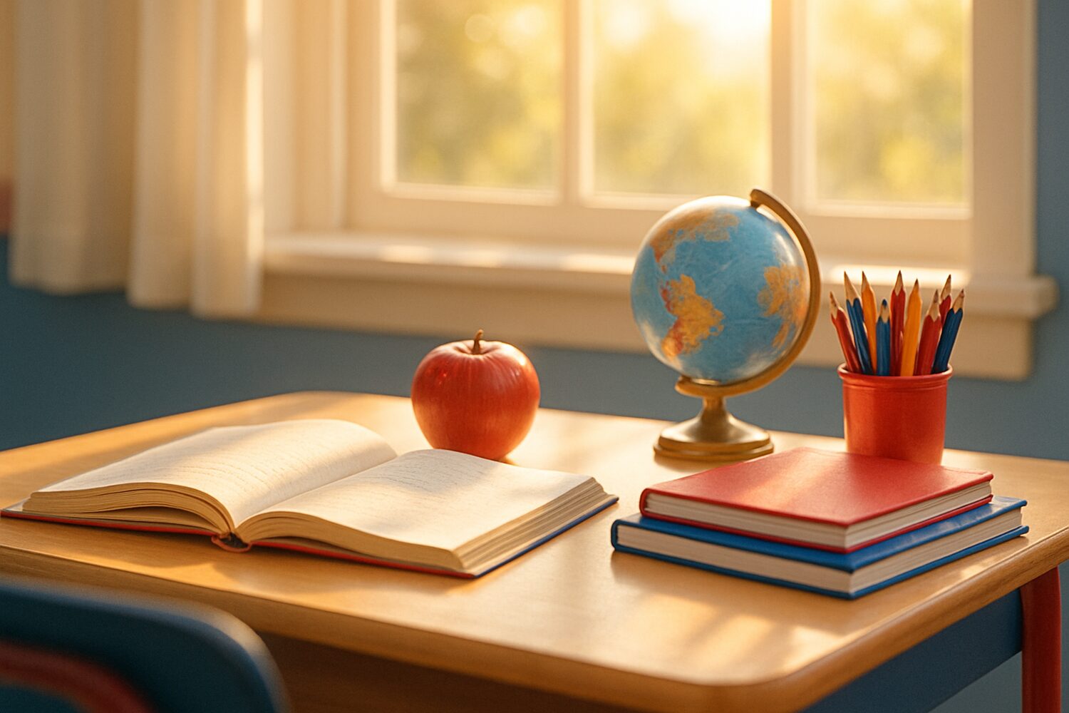 A sunlit student desk with books, an apple, and a globe