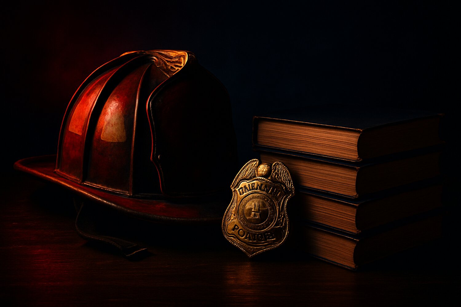 A firefighter helmet, police badge, and school books