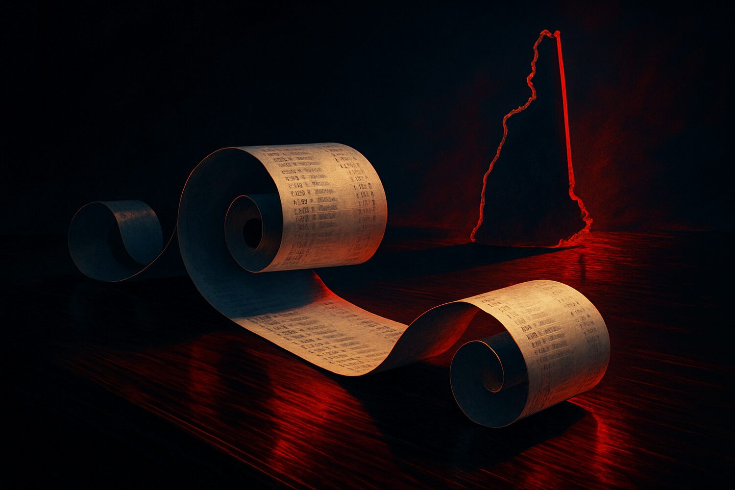 A long cash register receipt curling in front of a glowing New Hampshire outline