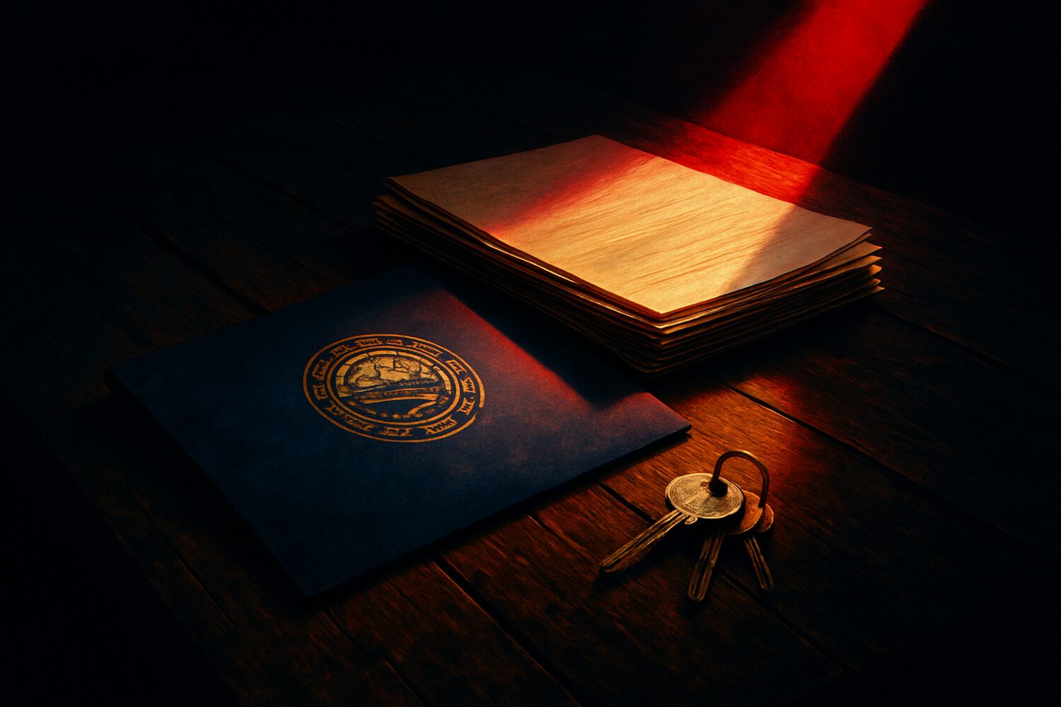 A property tax bill and house keys on a kitchen table
